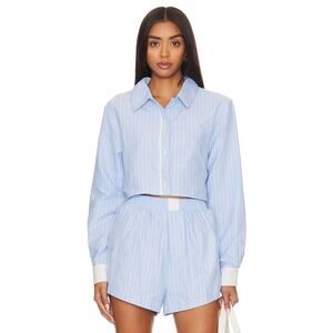 SNDYS Darian Blue White Striped Cropped Long Sleeve Top Shorts Set S